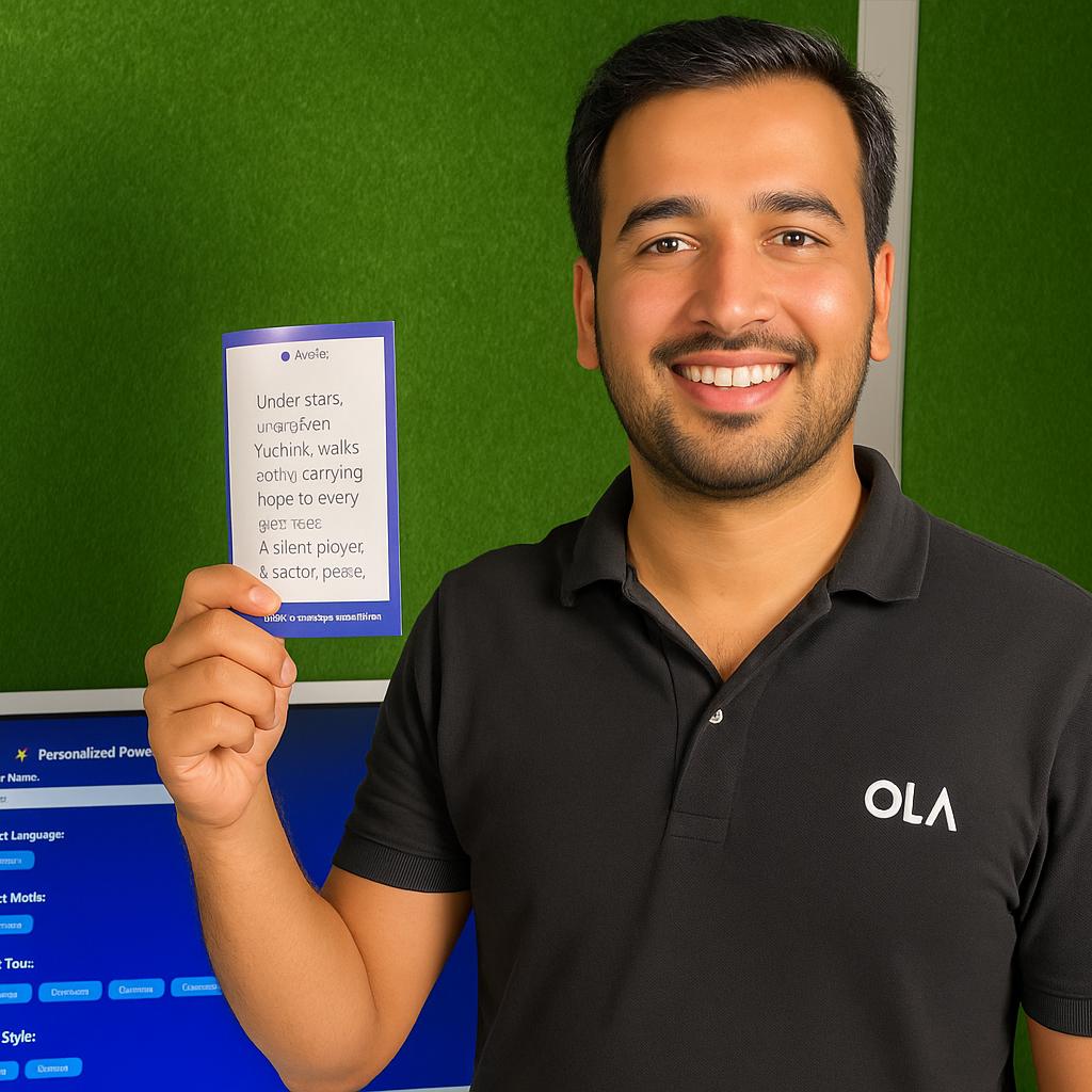 Young Emirati guest using AI Poem Generator kiosk in Dubai, creating personalized Arabic or English poem with instant printout and event branding